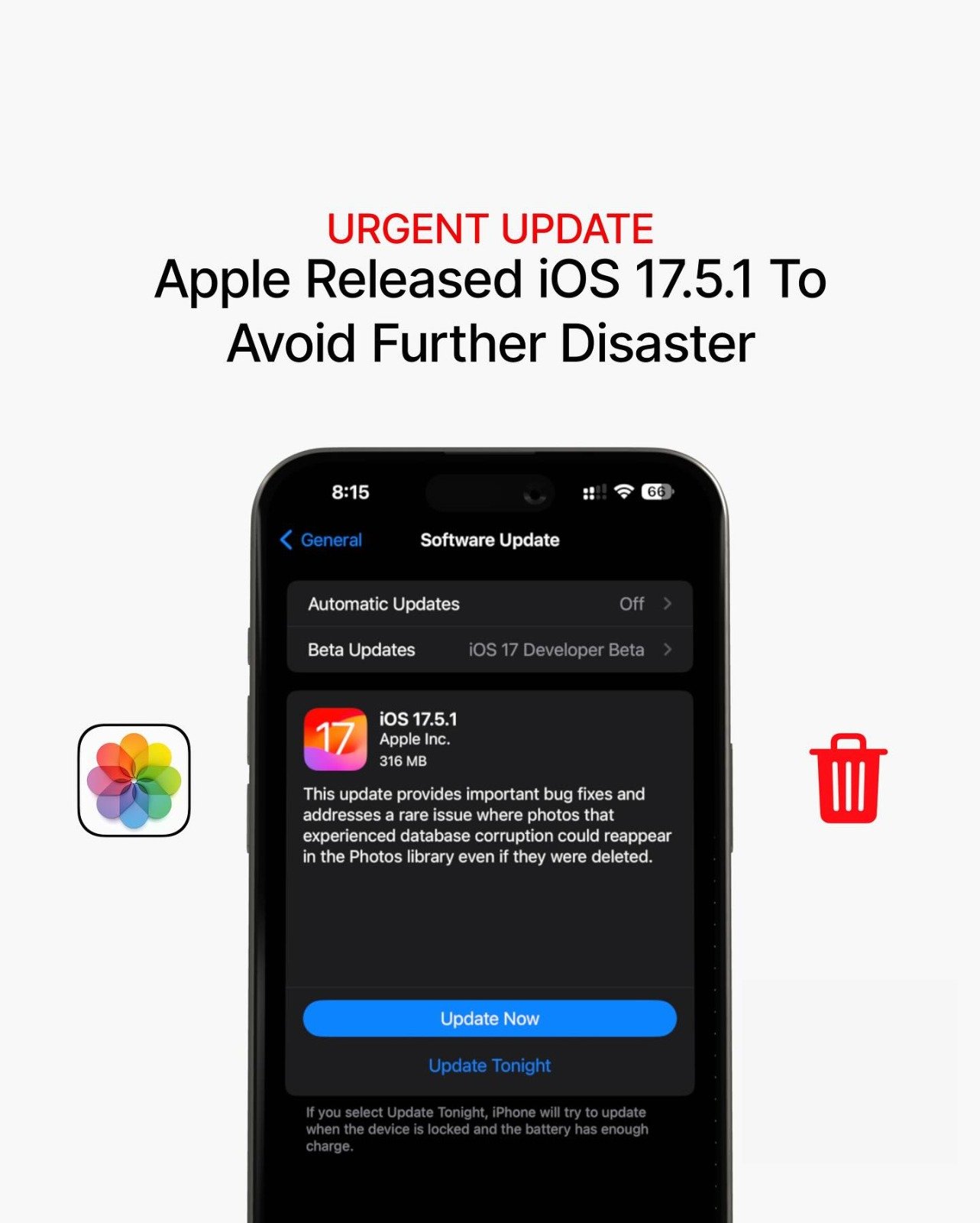 Update iPhone Now: iOS Bug Makes Deleted Photos Come Back! iPhone software update screen showing warning message about urgent iOS update to fix bug that makes deleted photos reappear