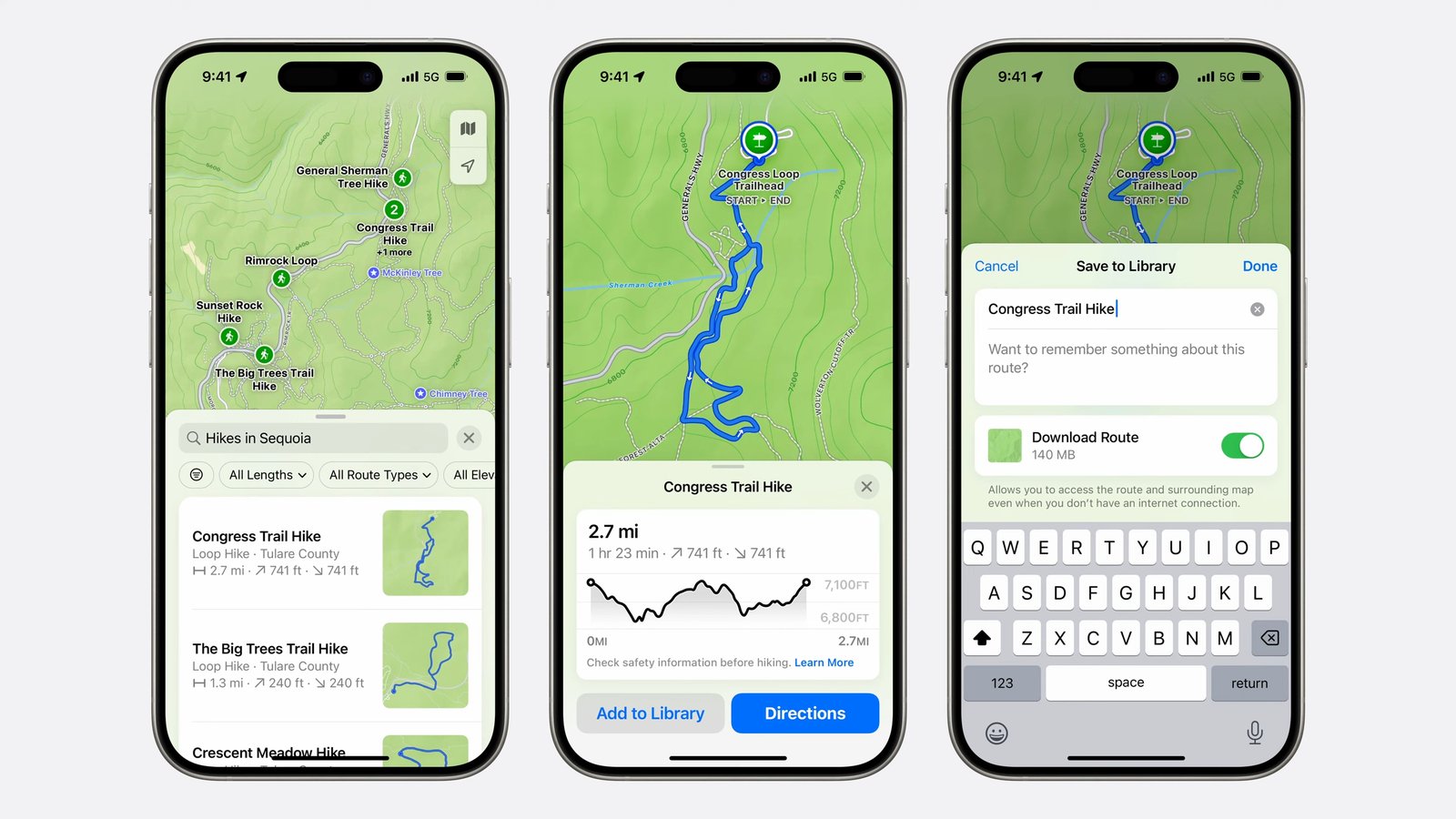 Explore Hiking Trails with iOS 18 Apple Maps: Find Your Perfect Adventure. iPhone displaying Apple Maps app with a route highlighted over a trail on a topographic map. Text 'Congress Trail Hike' and '2.7 mi' are visible.