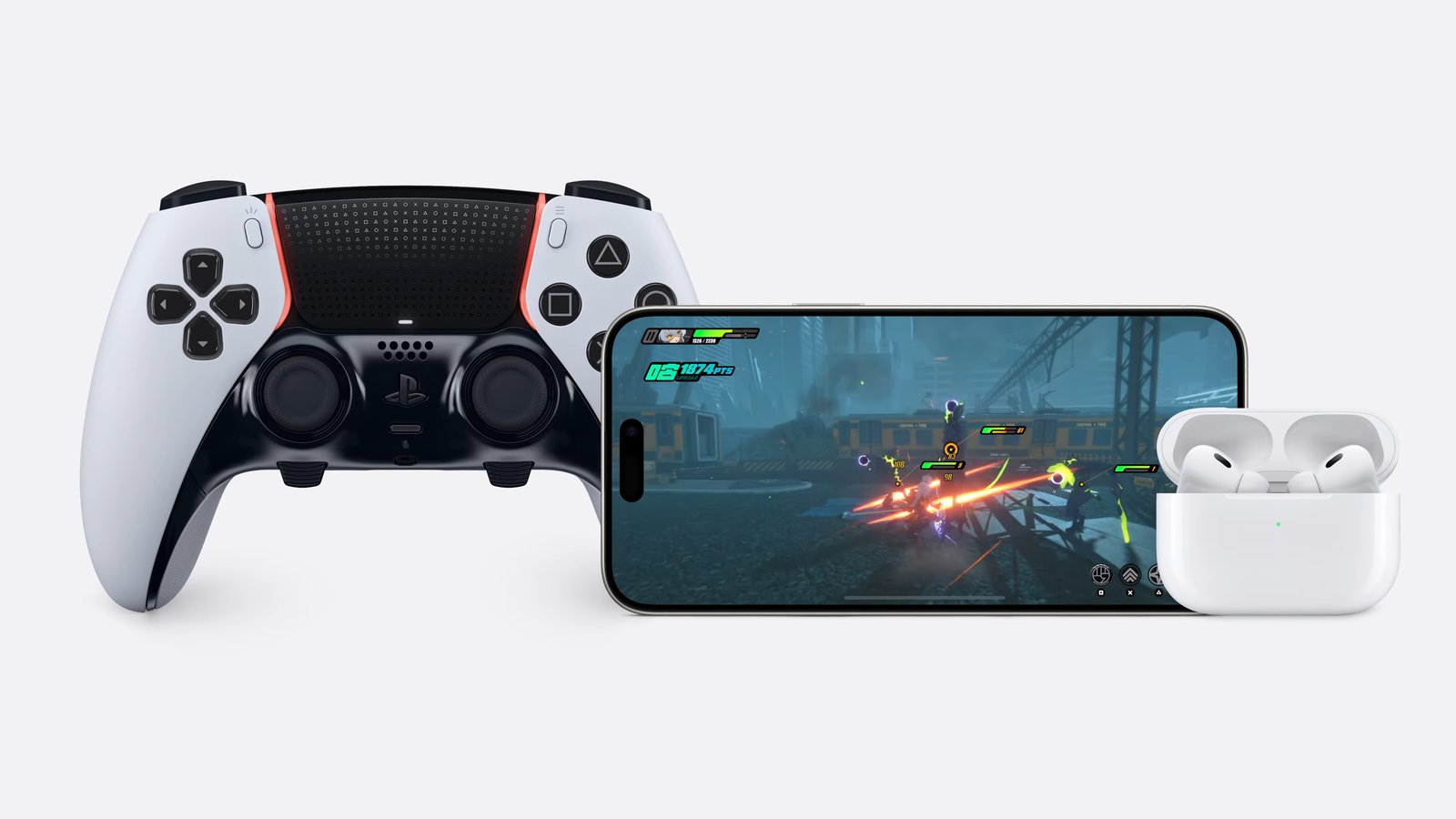 Power Up Your Mobile Gaming: Essential Gear PlayStation controller, iPhone, and AirPods for mobile gaming setup