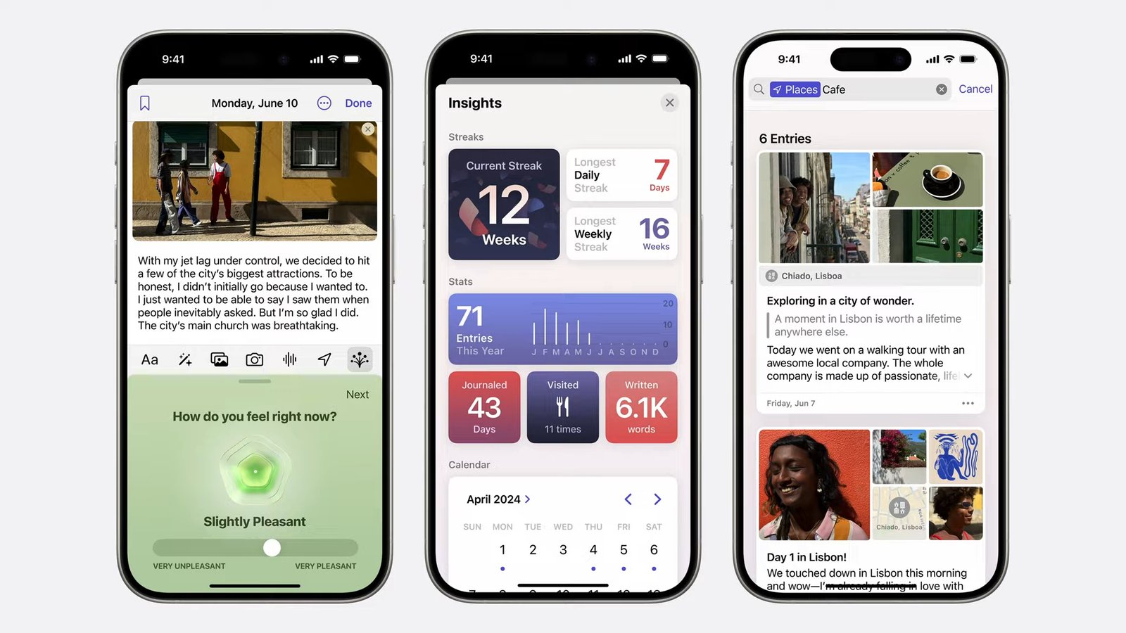 Apple Unveils New Journaling App Update: Track Your Thoughts, Insights, and Locations Three iPhones displaying various features of the new Journaling app including daily entries, insights, and location-based entries