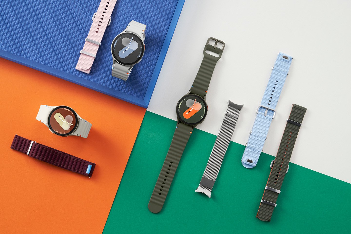 Samsung Galaxy Watch7 smartwatches in stylish colors.