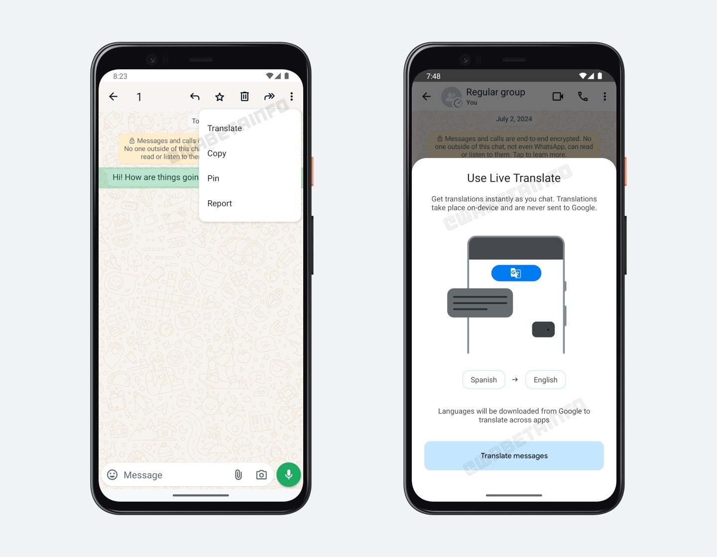Translate Languages on-the-Go with WhatsApp's New Feature. WhatsApp chat window with translate message option and language pack download prompt.