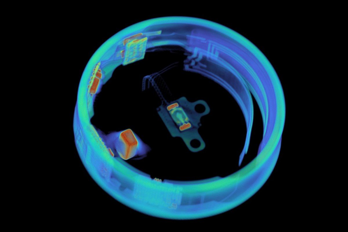 A CT scan of the Samsung Galaxy Ring, revealing its internal components and circuitry.