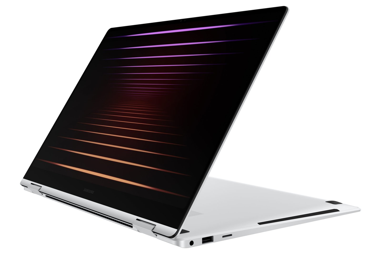 Sleek silver Samsung Galaxy Book 5 Pro 360 laptop with a 360-degree hinge, showcasing a futuristic neon light design on the back