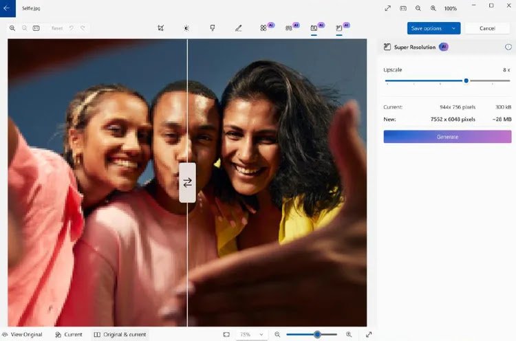 Microsoft Photos new AI Super Resolution feature enhances photo quality in the latest upgrade. Microsoft Photos AI-powered Super Resolution feature demonstrated, upscaling a selfie for enhanced image clarity.