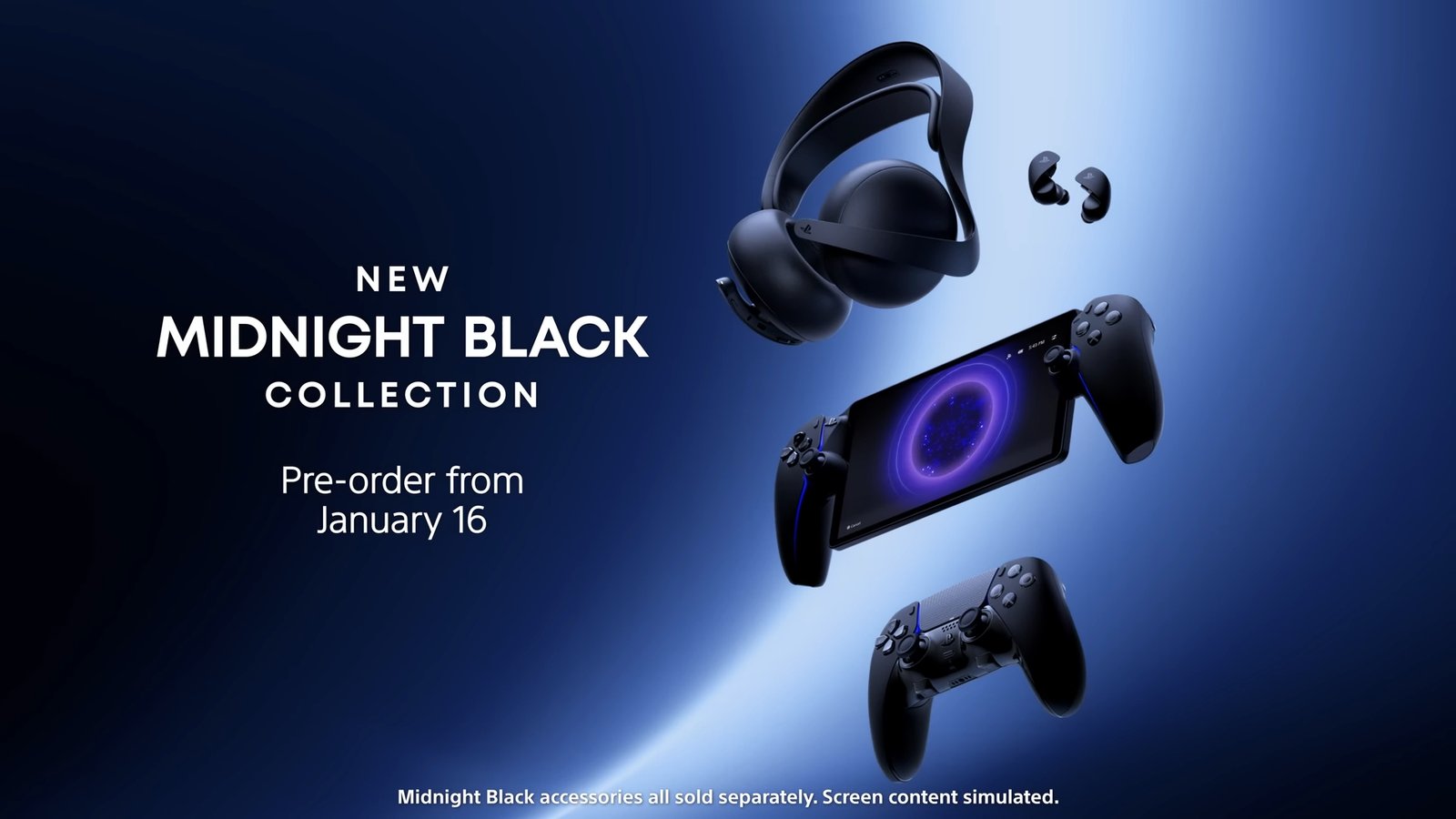Complete your all-black PS5 setup with the new Midnight Black accessories: DualSense, Pulse 3D, earbuds, and PlayStation Portal. PlayStation 5 Midnight Black Collection: DualSense controller, Pulse 3D headset, earbuds, and PlayStation Portal