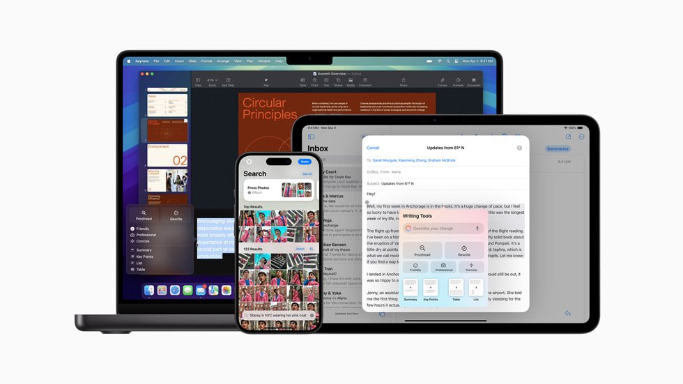 Apple Intelligence across macOS, iOS, and iPadOS devices Apple Intelligence on Mac, iPhone, iPad showing language tools and search