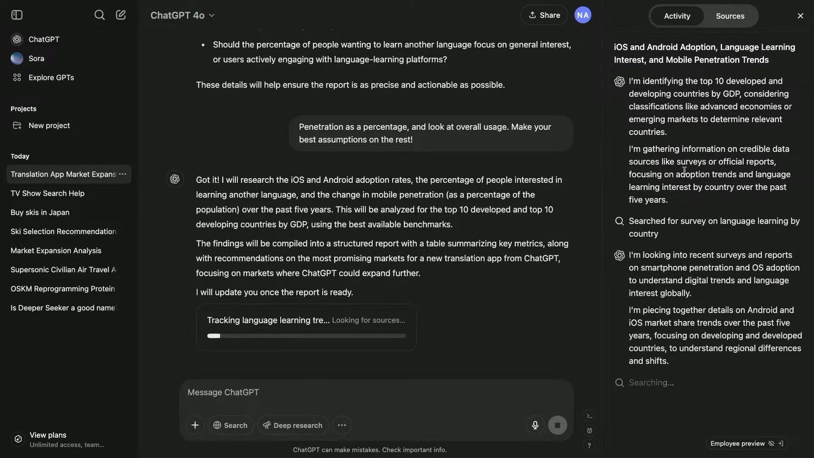 Deep Research in Action - User conducting market research with AI assistance. ChatGPT conversation related to market research and language learning, highlighting the Deep Research feature.