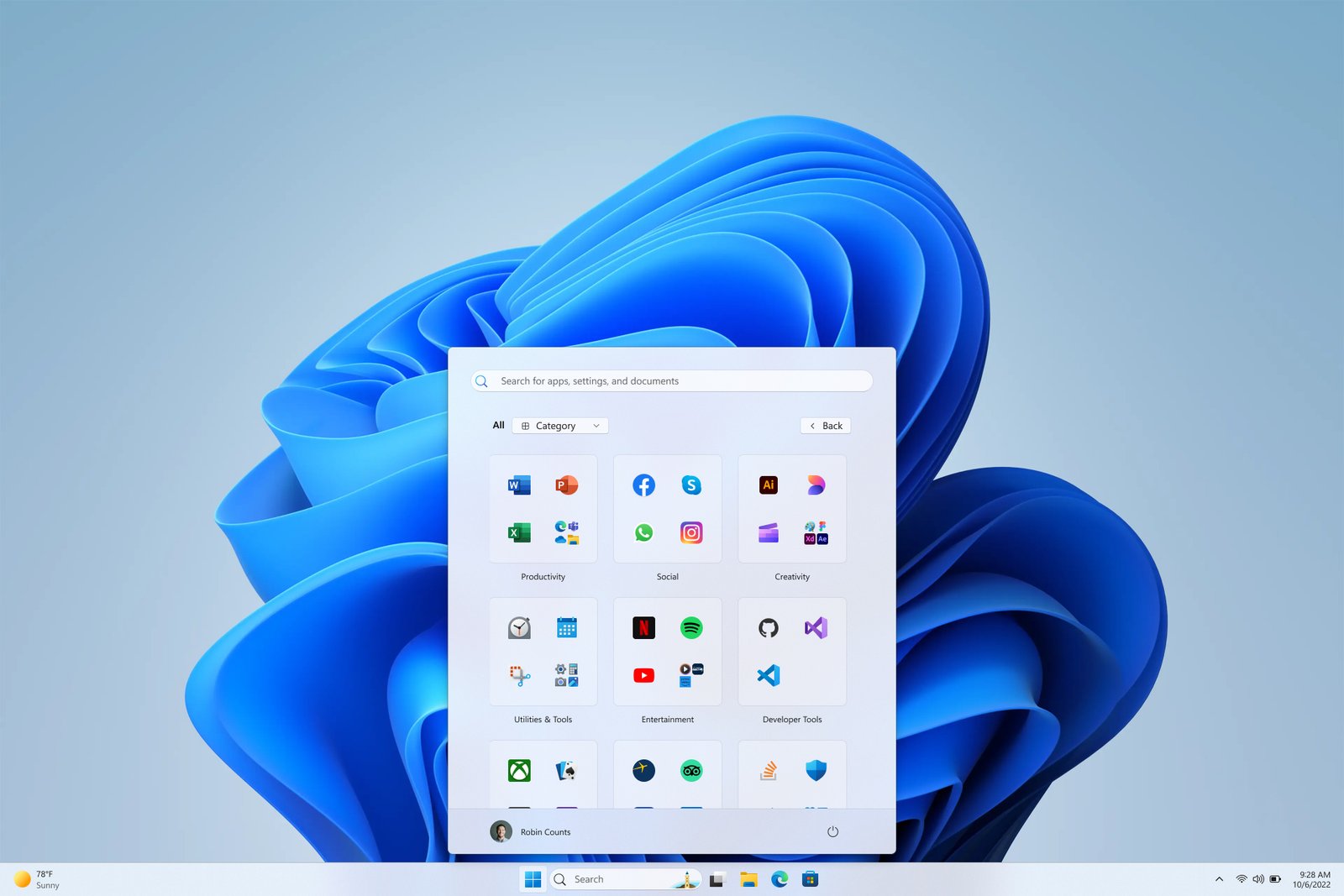 Windows 11 Start Menu Category View Screenshot of redesigned Windows 11 Start menu showing categorized applications