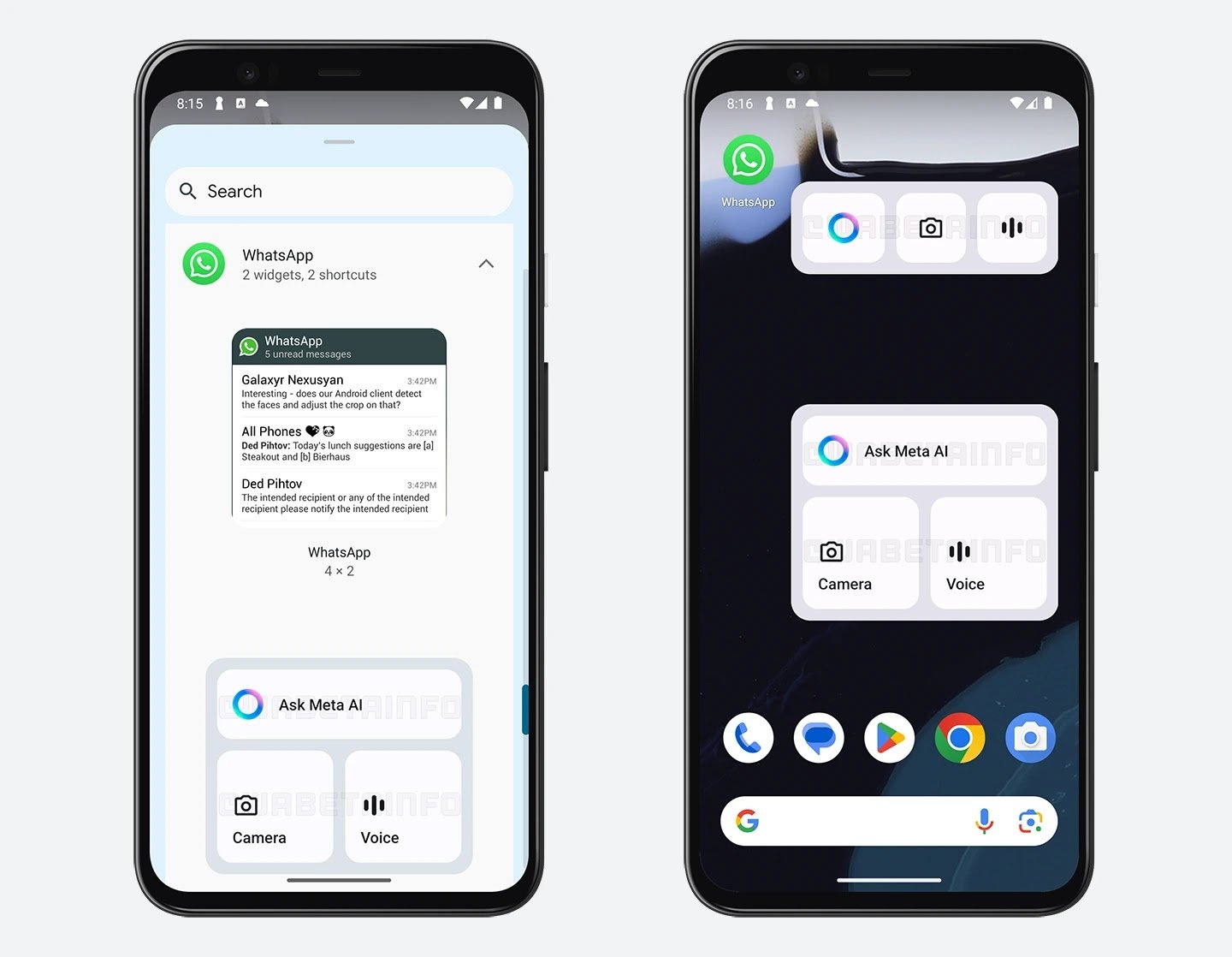 WhatsApp AI Widget: Instant Meta AI Access on Android Home Screen WhatsApp Meta AI widget on Android home screen, showing 'Ask Meta AI', 'Camera', and 'Voice' shortcuts in light and dark themes.