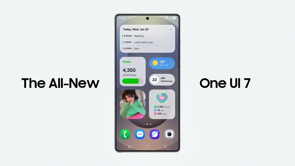 One UI 7 Interface on Samsung Galaxy S24: Visual Overview of the Update. "Samsung Galaxy S24 One UI 7 interface showing widgets and app icons.