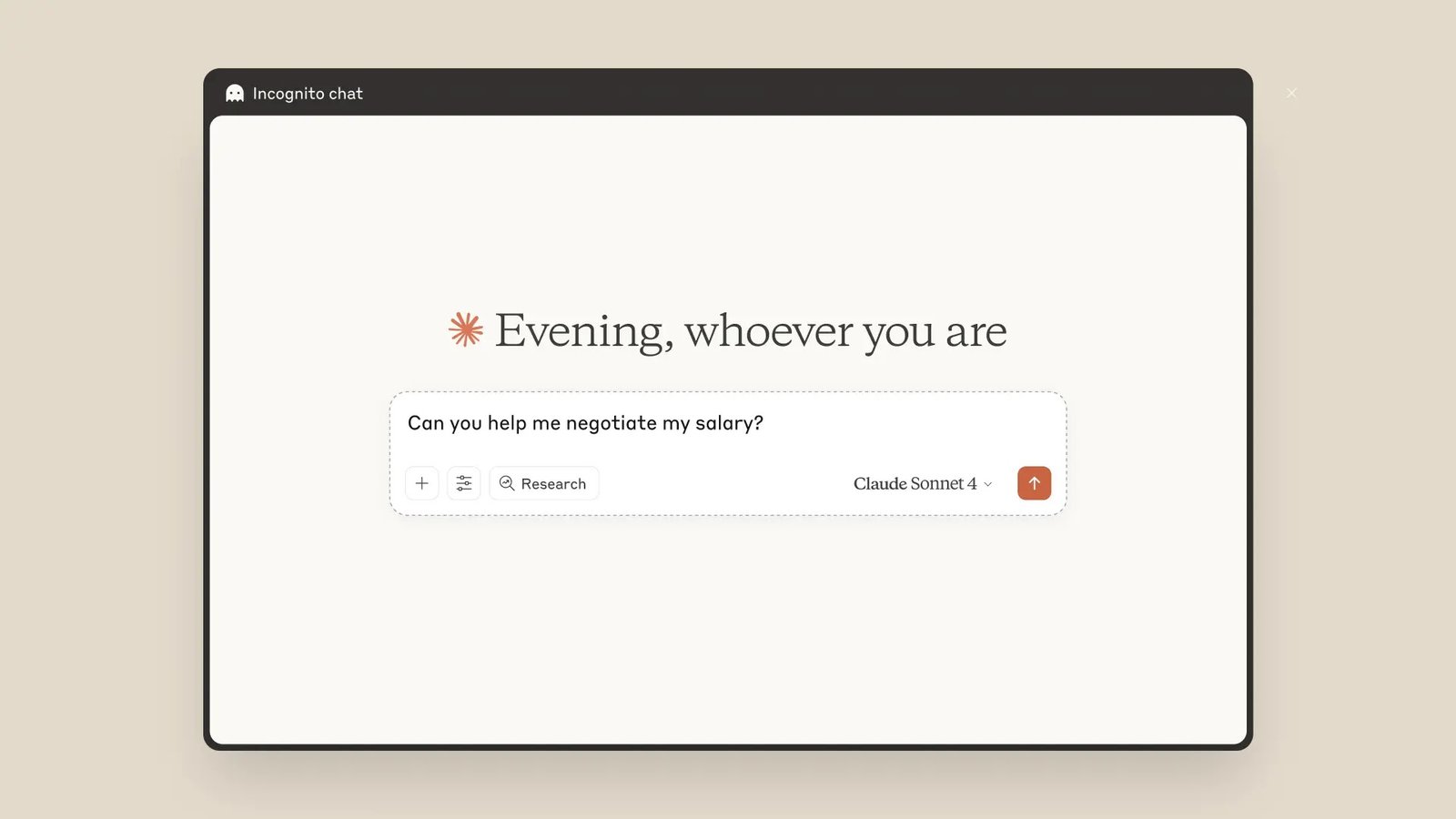 Claude AI Incognito Chat: AI Privacy for Sensitive Conversations. Claude AI Incognito chat window with a salary negotiation prompt.