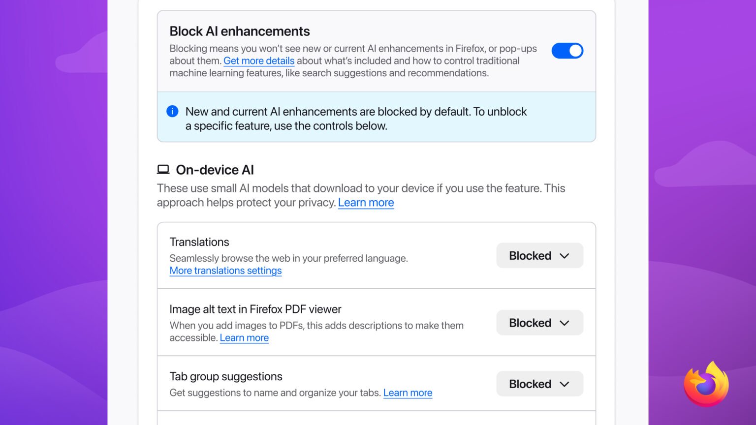 Firefox 148 Disable On-Device AI Features Panel. Firefox 148 settings menu showing the 'Block AI enhancements' toggle active.