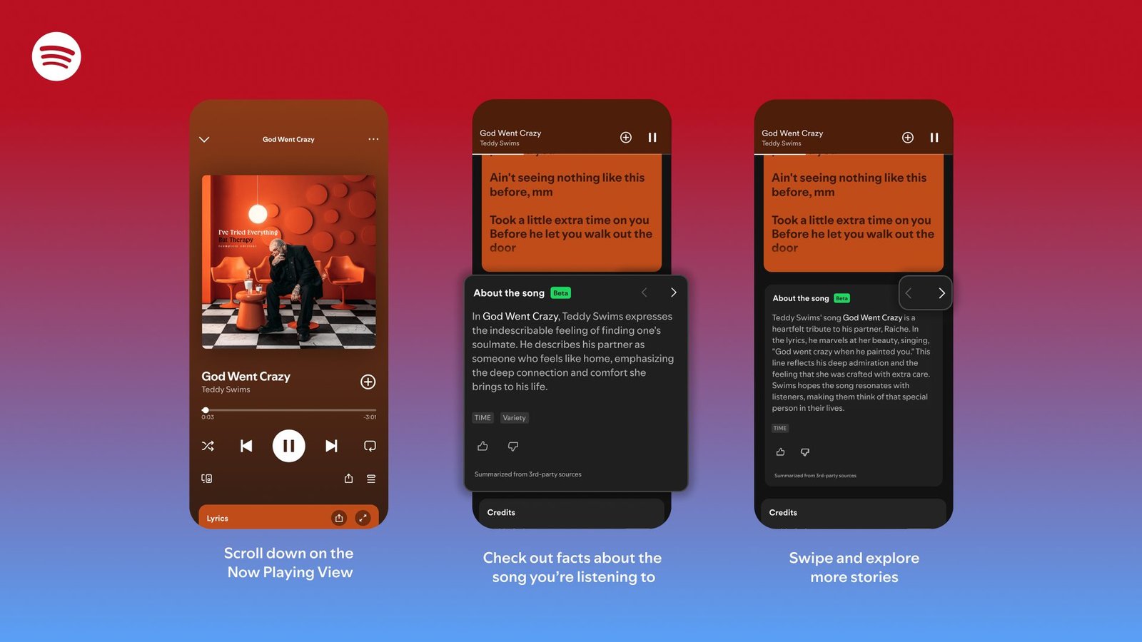 How to access Spotify's new 'About the Song' backstory cards in the Now Playing view. Three Spotify mobile interface screens demonstrating how to use the new 'About the Song' Beta feature.