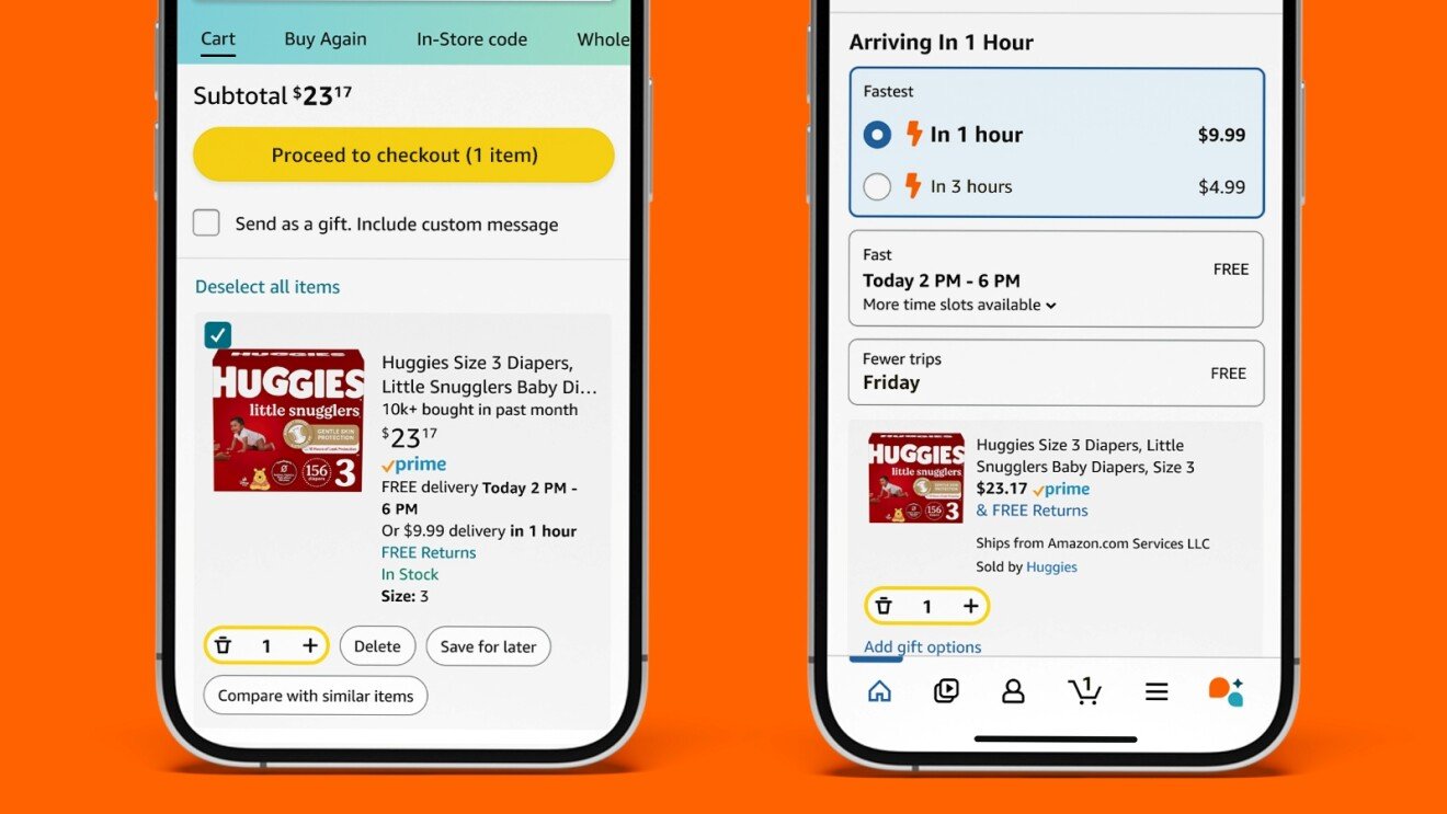 Amazon GetItFast 1-Hour Delivery Checkout Interface Amazon app checkout screen showing the GetItFast 1-hour and 3-hour delivery options.