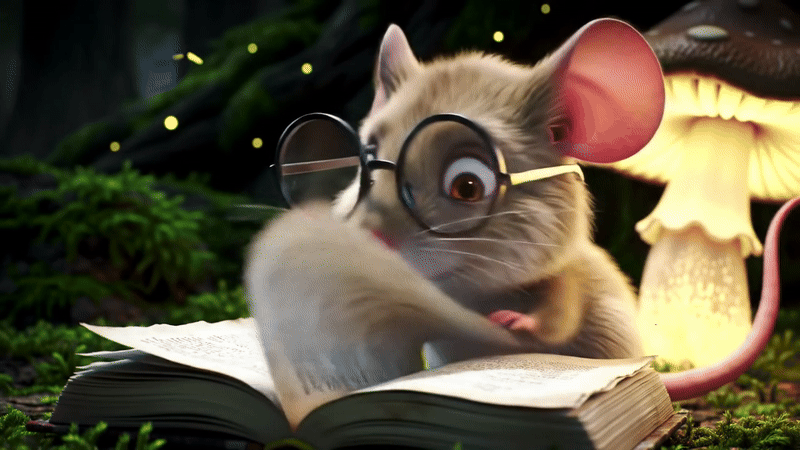 Animated Mouse Reading by Glowing Mushroom, Generated by Gemini AI. AI Generated GIF by Gemini Veo 2: Mouse Reading Book by Mushroom Light
