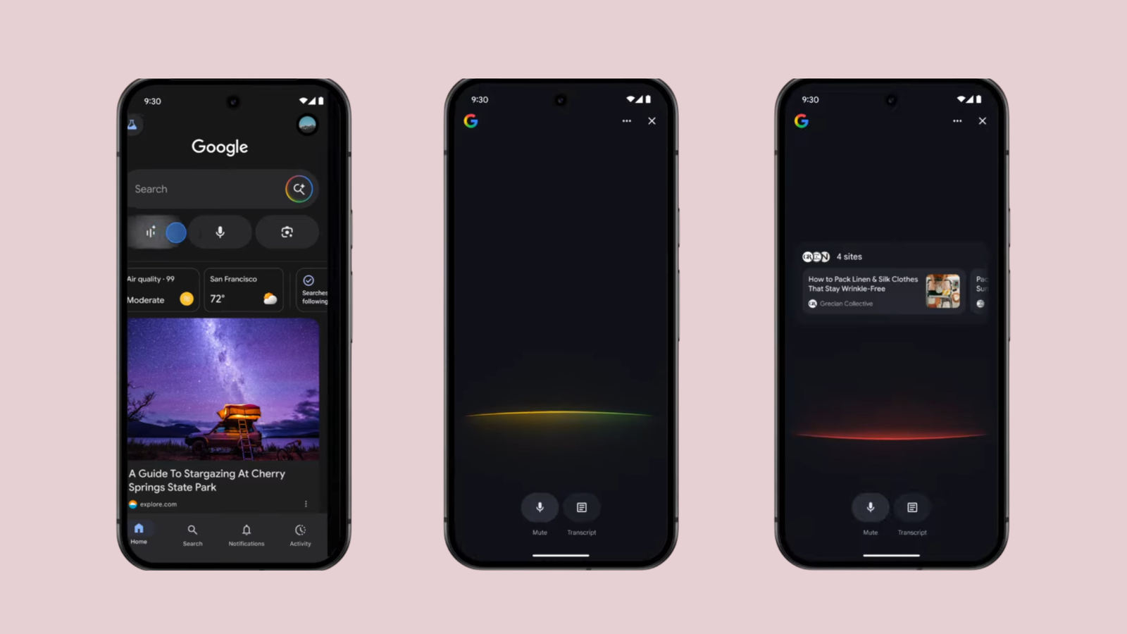 Google Search Live AI Mode Conversational Experience Walkthrough Google Search Live AI voice chat sequence on mobile in dark mode, showing conversational search, AI response, and related links.