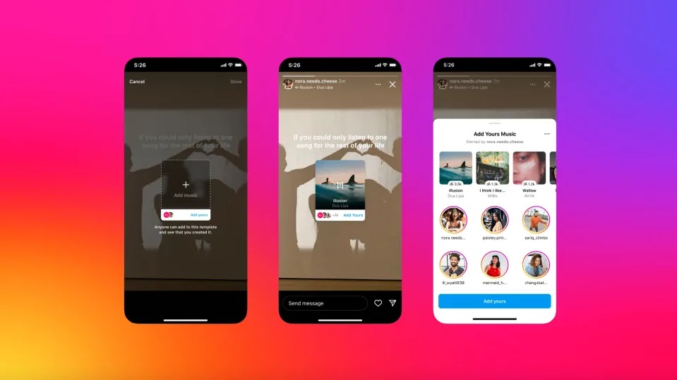 Join the Fun! Instagram's New "Add Yours" Sticker Lets You Share Music with Friends Two mobile phones on a pink background. The left phone screen shows the Instagram "Add Yours" sticker.