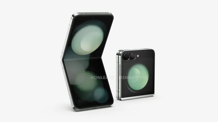 Galaxy Z Flip 6 Leak: New Color, Bigger Display & Centered Camera Expected Mockup of the Samsung Galaxy Z Flip 6 foldable phone in a new color, showcasing a larger external display and a centered punch-hole camera on the unfolded inner display.