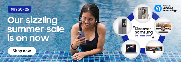 Samsung's Sizzling Summer Sale: Free TV with Pre-Order (Limited Time Offer) A woman in a pool using her smartphone, promoting Samsung's sizzling summer sale with various electronic products displayed.