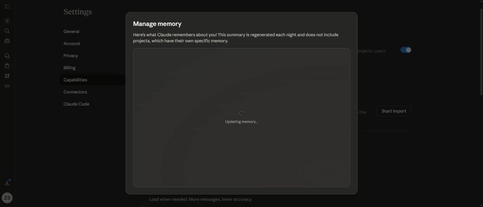 Claude Memory Import Processing Claude AI updating memory interface during ChatGPT data import