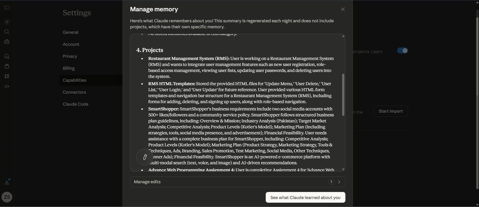 Claude Imported Memory Dashboard Claude manage memory settings showing imported projects and workflows