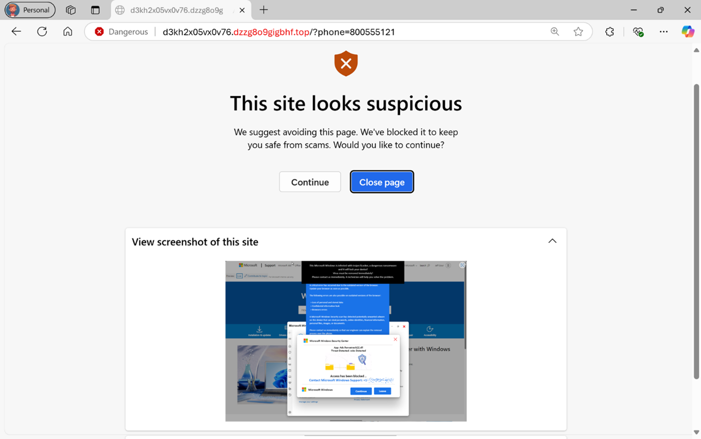 AI-powered scareware protection in Microsoft Edge blocks dangerous website. Microsoft Edge displays a "This site looks suspicious" warning, blocking a scareware site with its new AI-powered blocker.