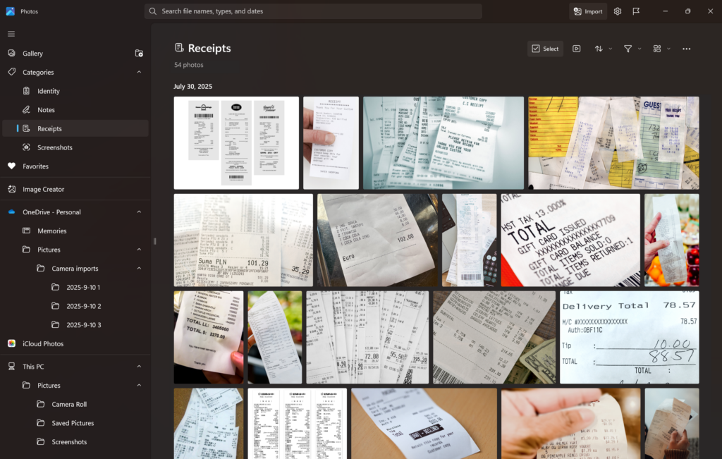 Microsoft Photos AI-Powered Receipts Auto-Categorization on Windows 11 Microsoft Photos app on Windows 11 showing AI-powered auto-categorization of various receipts in a dedicated "Receipts" folder.