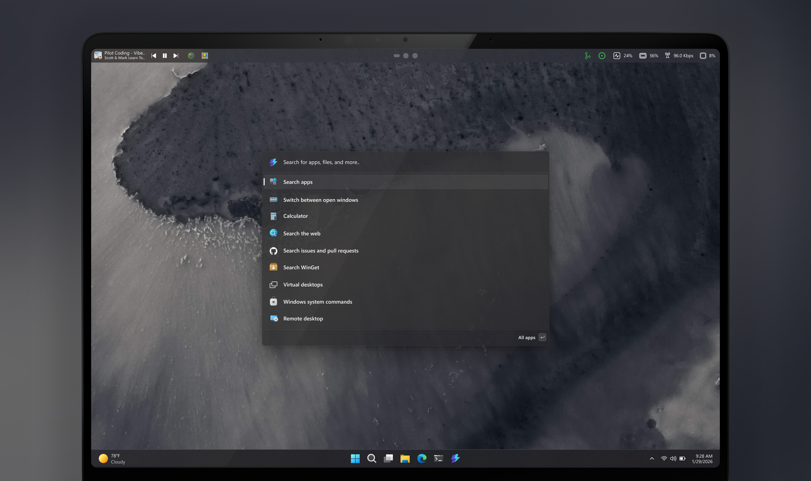 Preview of the new Command Palette Dock: How to enable the top menu bar on Windows 11 for enhanced productivity. Windows 11 desktop displaying the experimental Microsoft PowerToys Command Palette Dock