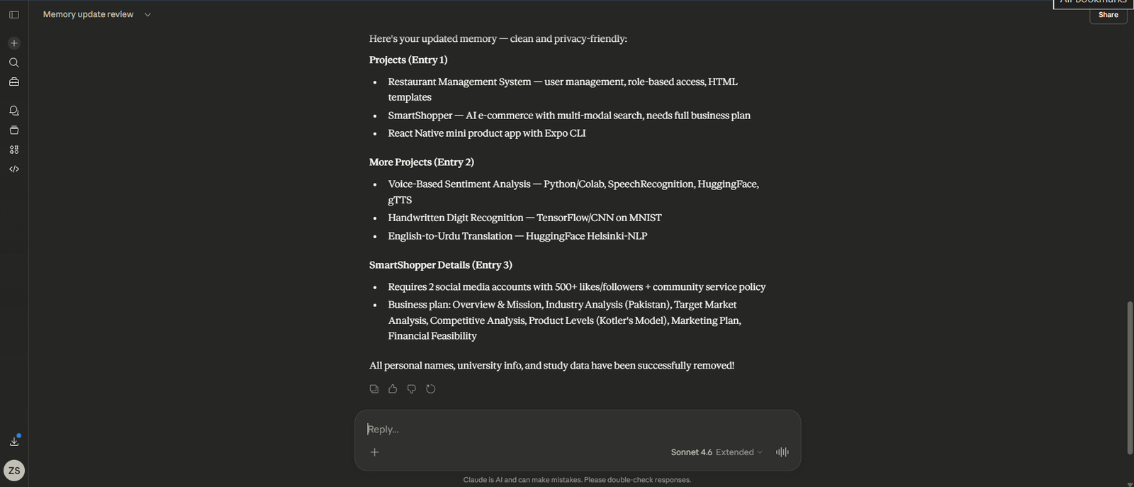 Privacy-Scrubbed Claude AI Memory Clean and privacy-friendly memory summary in Claude AI chat