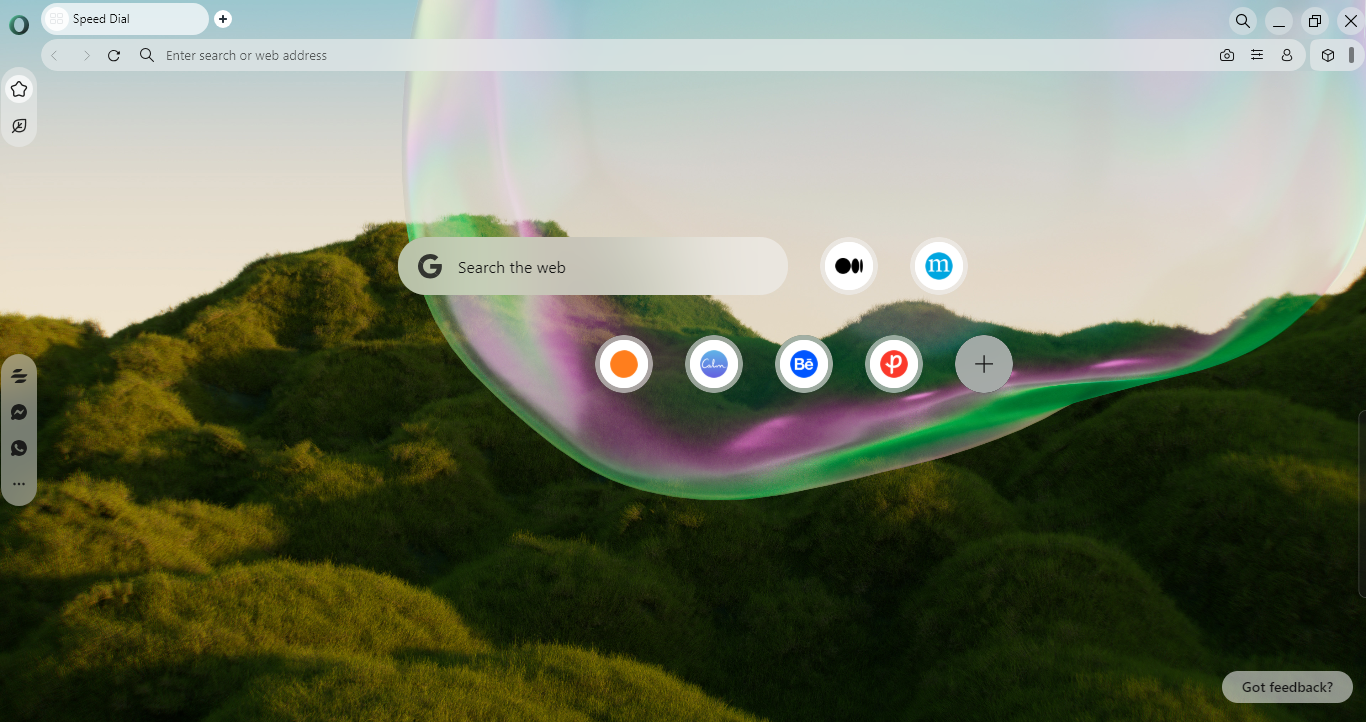 Calm Your Mind Online: Introducing the Opera Air Browser Opera Air browser interface with a nature-inspired background promoting mental wellbeing during online browsing.