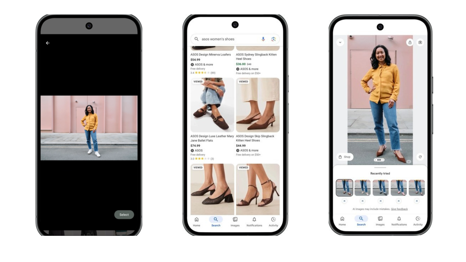Google AI Try-On for shoes: virtual shopping demonstration Google AI Try-On for shoes showing a woman virtually trying different footwear styles on her full-body photo, demonstrating online shopping.