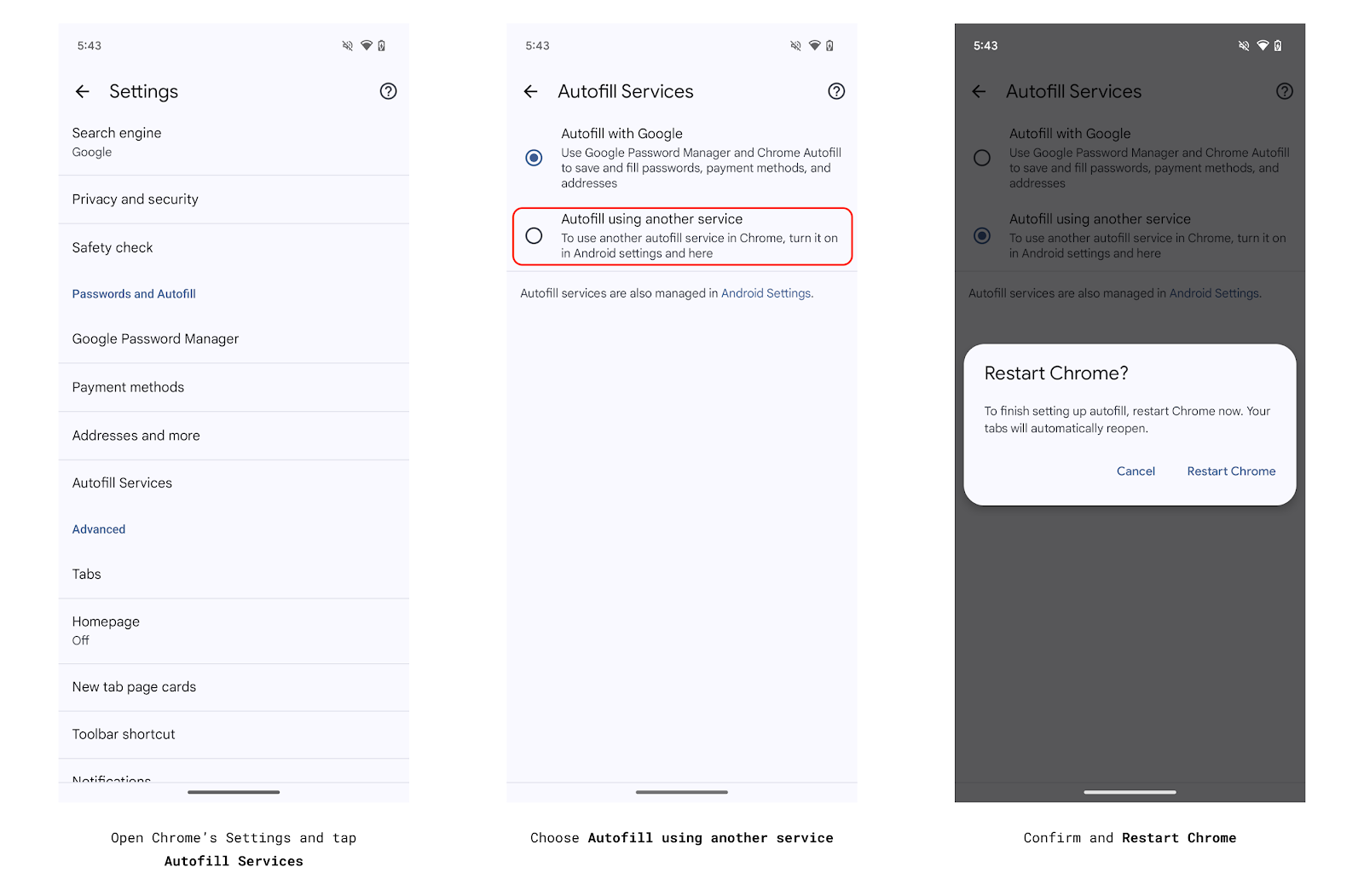 Steps to Enable Third-Party Password Managers in Chrome for Android A screenshot of Chrome's Settings page showing the Autofill Services option.