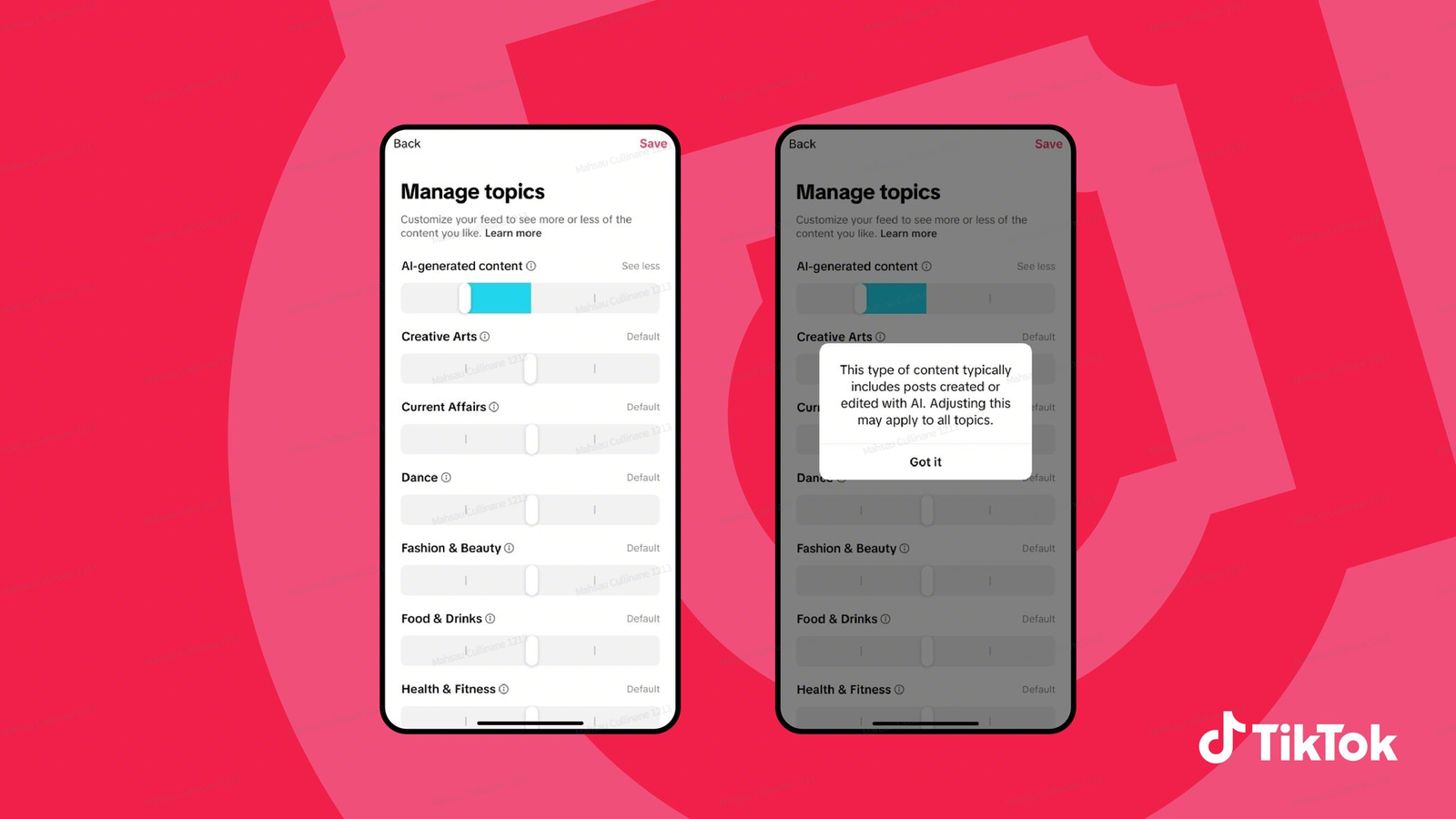 How to reduce AI content on TikTok FYP TikTok Manage Topics screen showing the new AI-generated content slider.