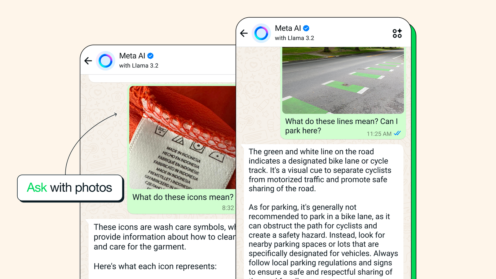 WhatsApp AI Chatbot Providing Information Based on Image Image of WhatsApp conversation with Meta AI using the "Ask with photos" feature.