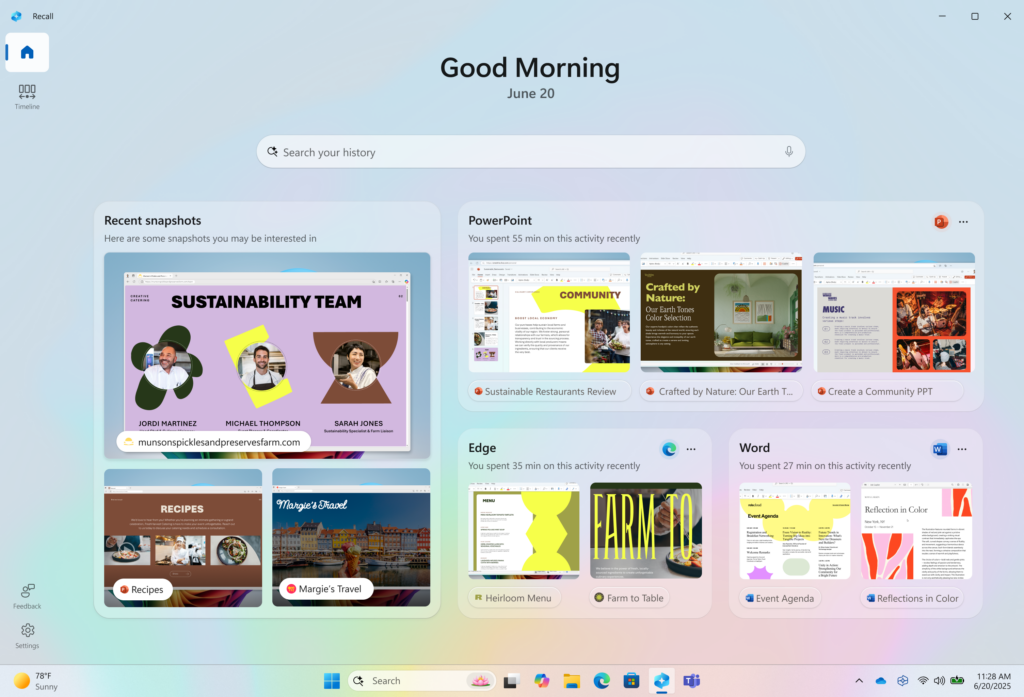 Windows 11 Recall Homepage: AI-Powered Activity Tracking and Productivity Dashboard Windows 11 Recall homepage displaying recent activity snapshots, application history, and a search bar, demonstrating AI-powered memory and productivity features.