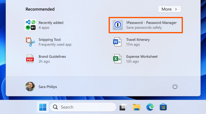 Windows 11 Start Menu Now Features App Recommendations A screenshot of the Windows 11 Start Menu showing a section for "Recommended" apps, including 1Password and Snipping Tool