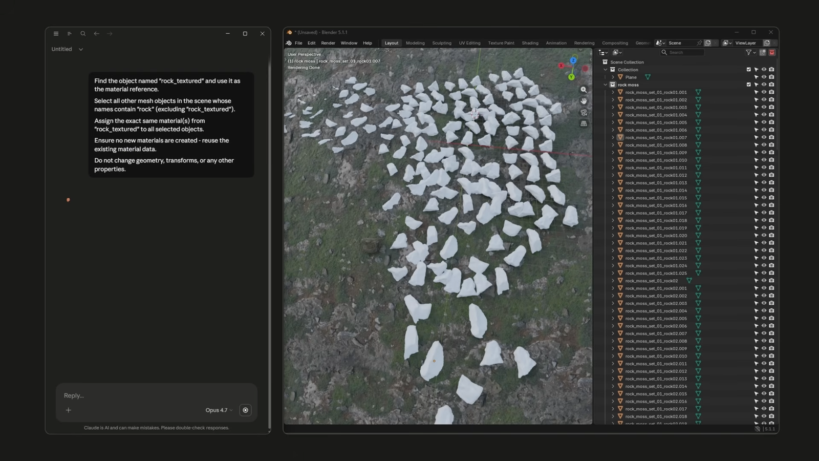 Claude AI automating Blender workflow Claude AI interface automating material assignments onto 3D rock meshes inside the Blender viewport.