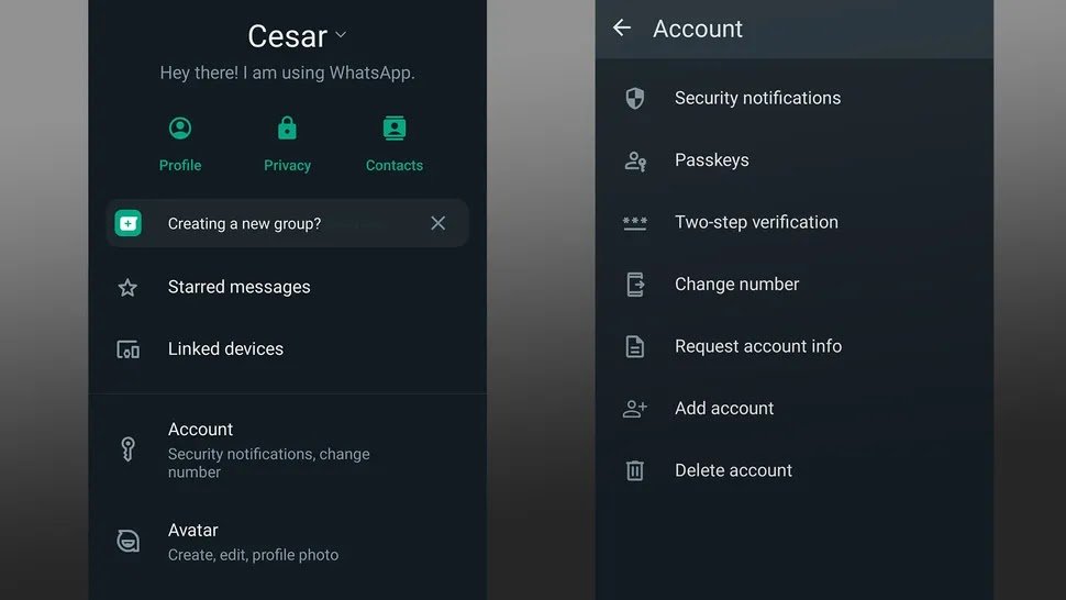 Screenshot of WhatsApp account settings menu with 'Account' option selected