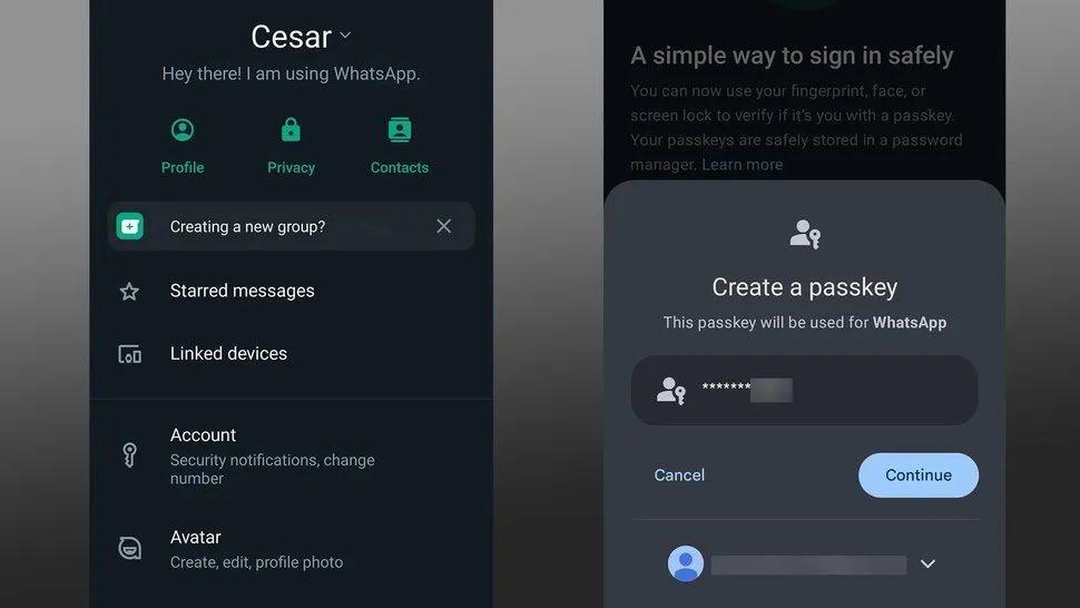 Screenshot of WhatsApp Passkeys settings menu with 'Create a Passkey' button highlighted