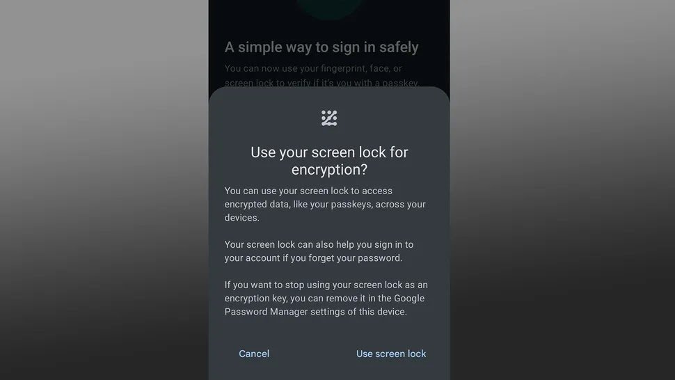 Screenshot of WhatsApp passkey encryption window with biometric and screen code options
