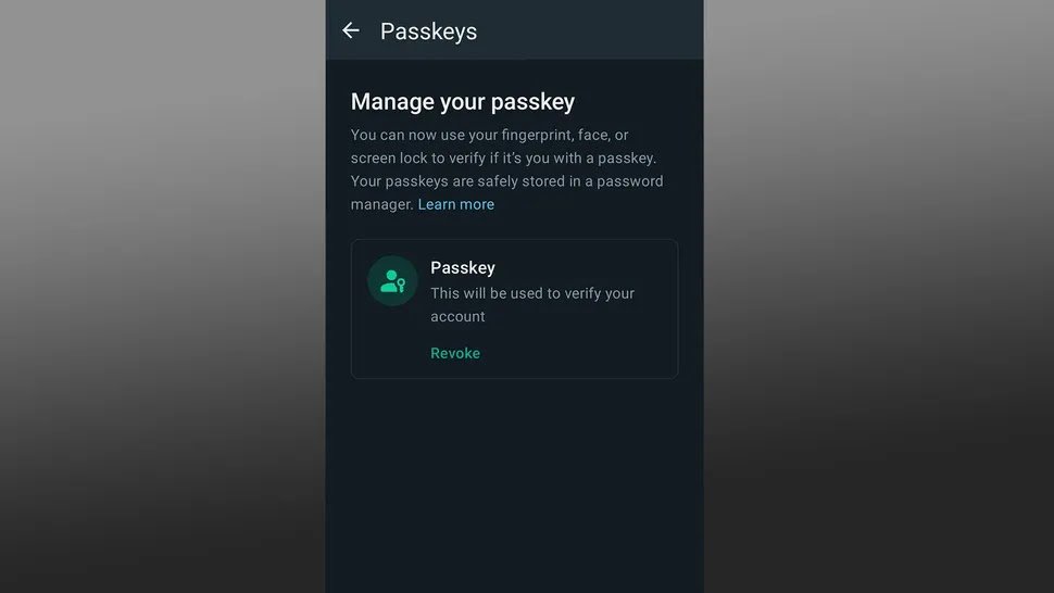 Screenshot of WhatsApp passkey options menu with 'Revoke Passkey' highlighted
